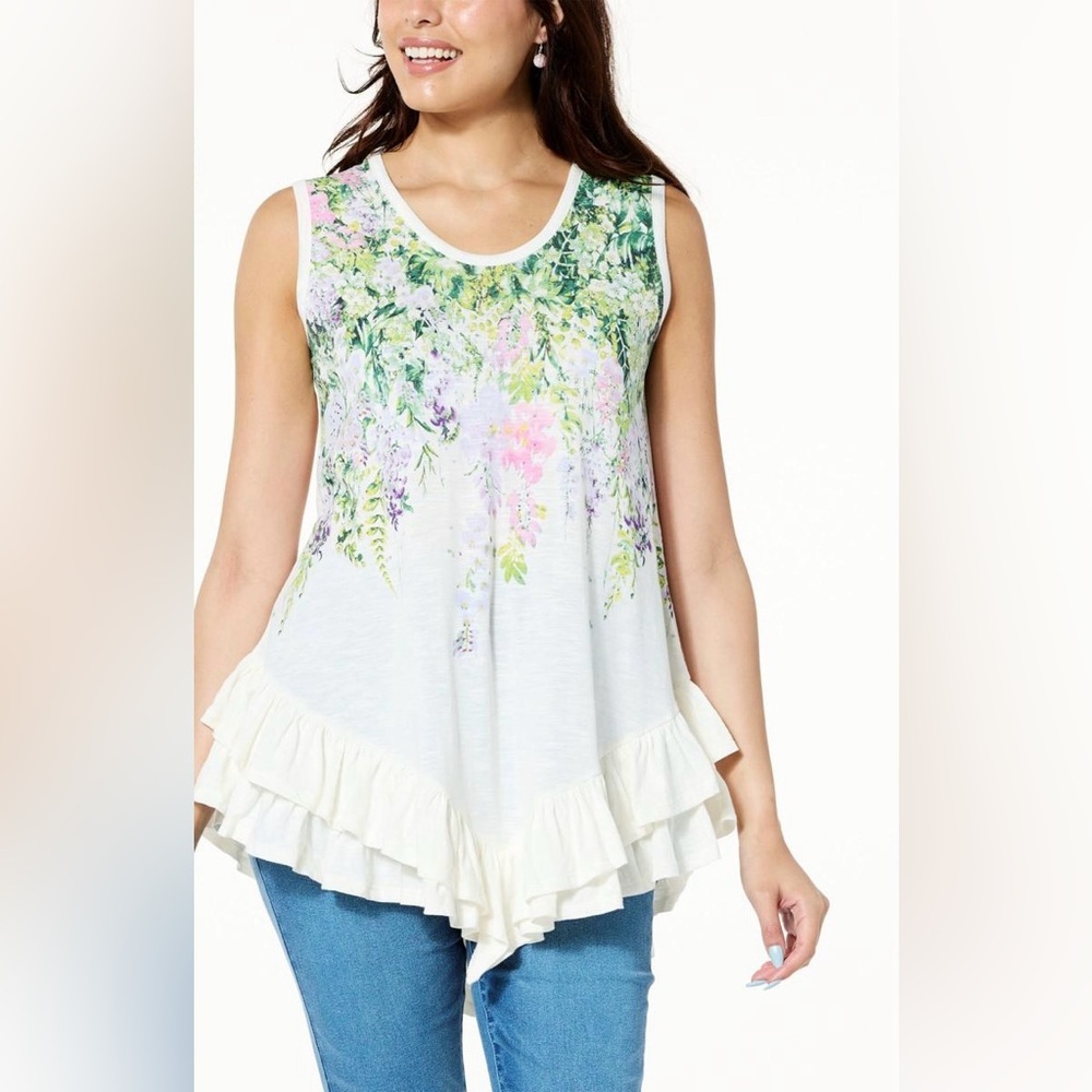 DG2 by Diane Gilman Slub Knit Placed Print Ruffled Hem Tank Size XS